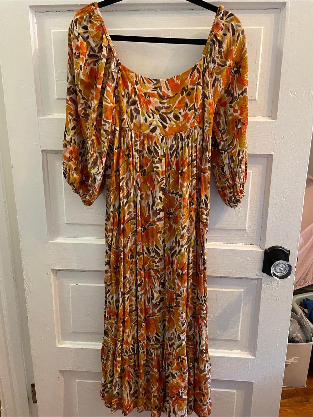 Flowing Orange Floral Maxi Dress with Puff Sleeves